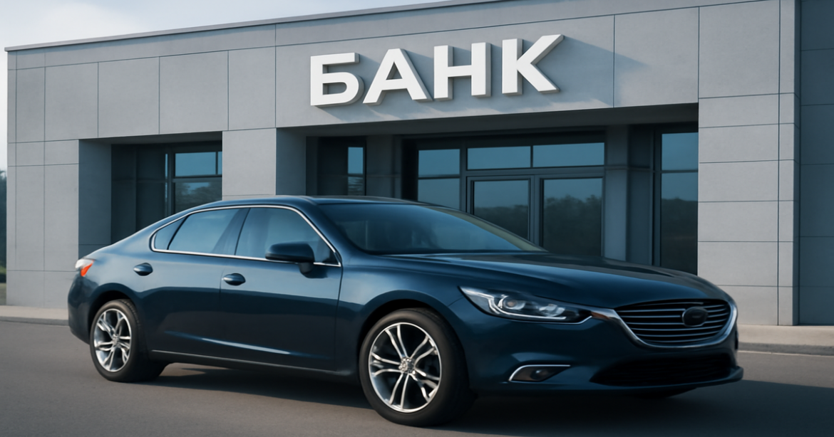 A professional depiction of автокредит with a modern car and a bank, symbolizing automotive financing.