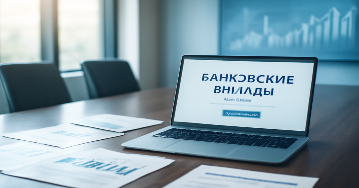 Image of a modern bank office highlighting банковские вклады, with financial documents and a laptop.