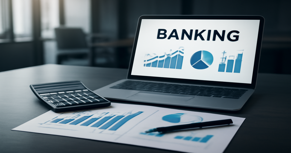 Economia na bankovskikh uslugakh: modern banking scene with financial tools and a professional atmosphere.
