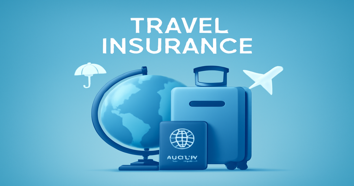 Explore страхование путешествий with a professional image of travel symbols and security.