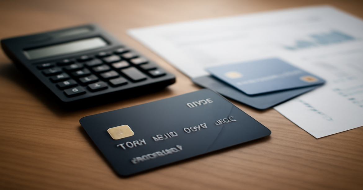 An assortment of debit cards displayed with financial tools, illustrating how to choose the best дебетовая карта.