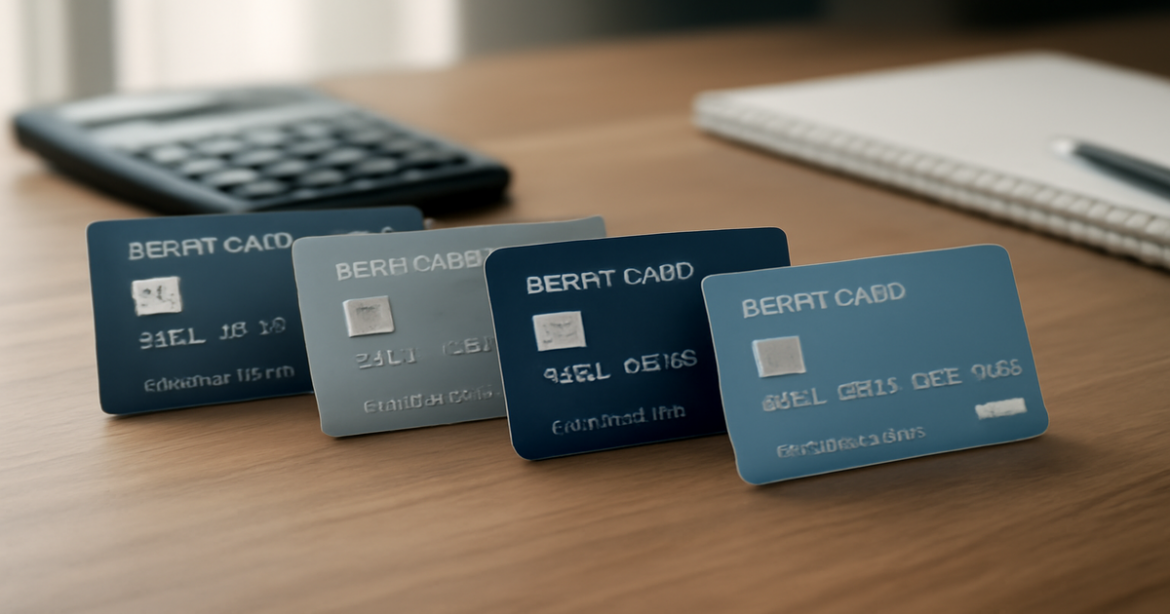 A collection of debit cards on a desk, representing convenience and financial control.