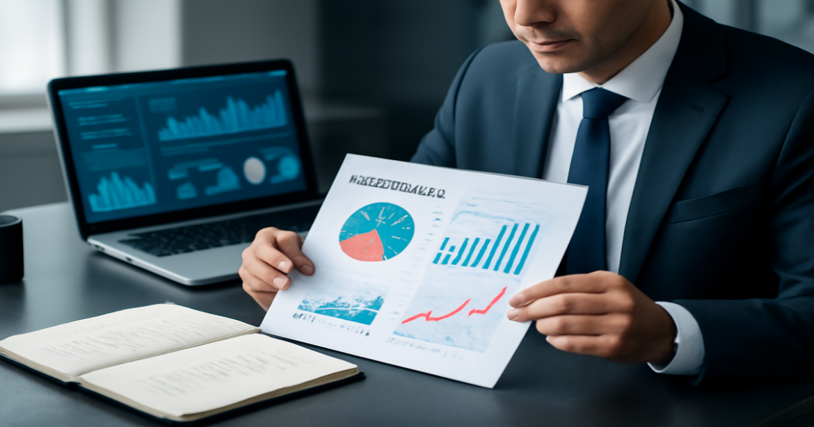 Image of evaluating риски при инвестировании with charts and graphs in a professional office setting.