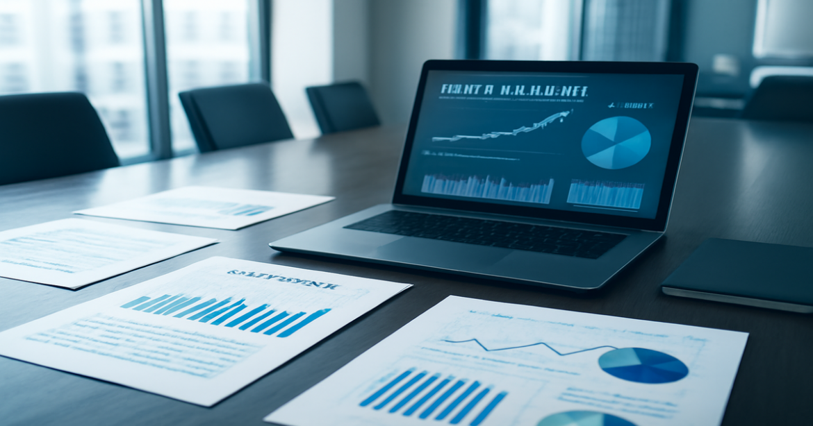 A professional investment office scene illustrating investment funds with charts and data.