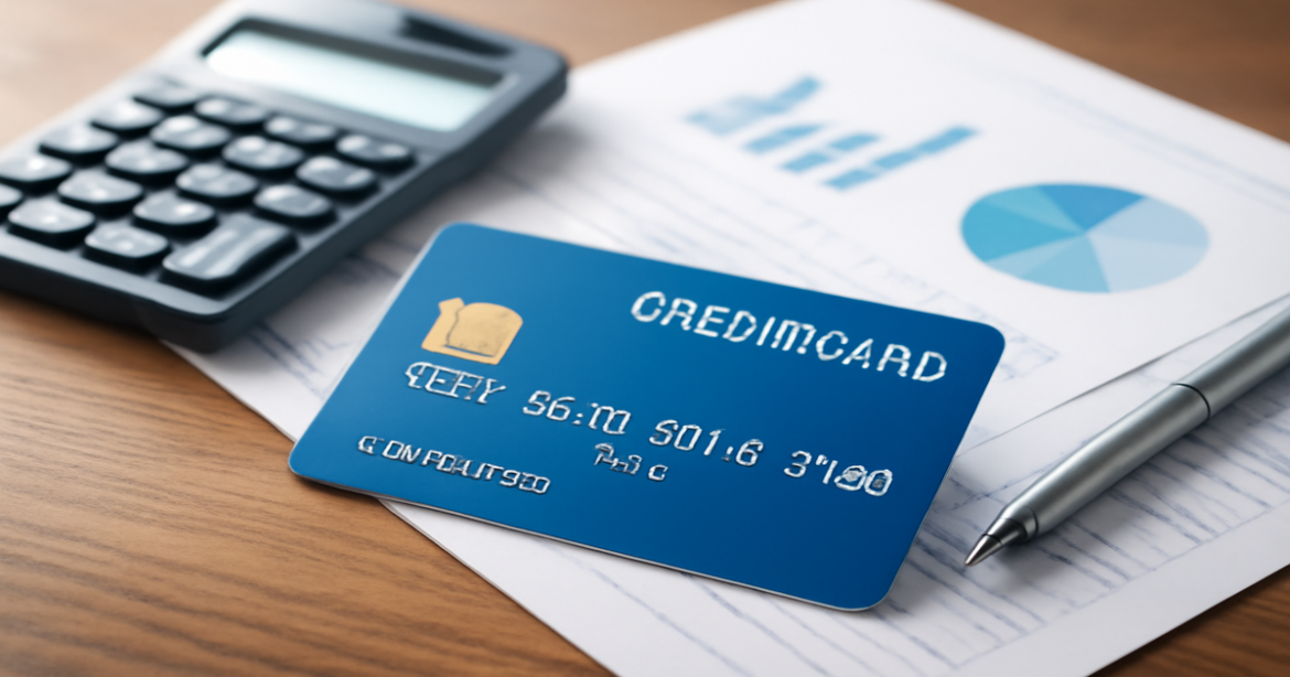 Credit card on a desk with financial documents, symbolizing banking and finance.