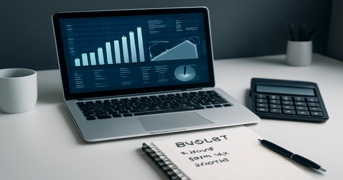 A professional workspace illustrating financial literacy with charts, a laptop, and budgeting tools.