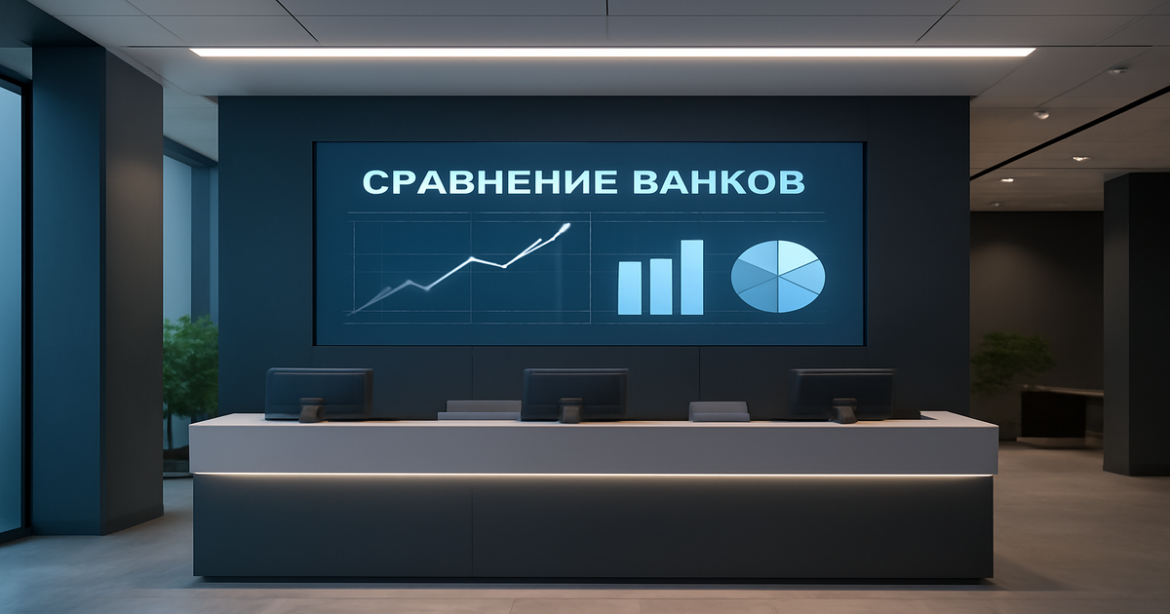 Professional image illustrating 'сравнение банков' with a modern bank interior and financial visuals.