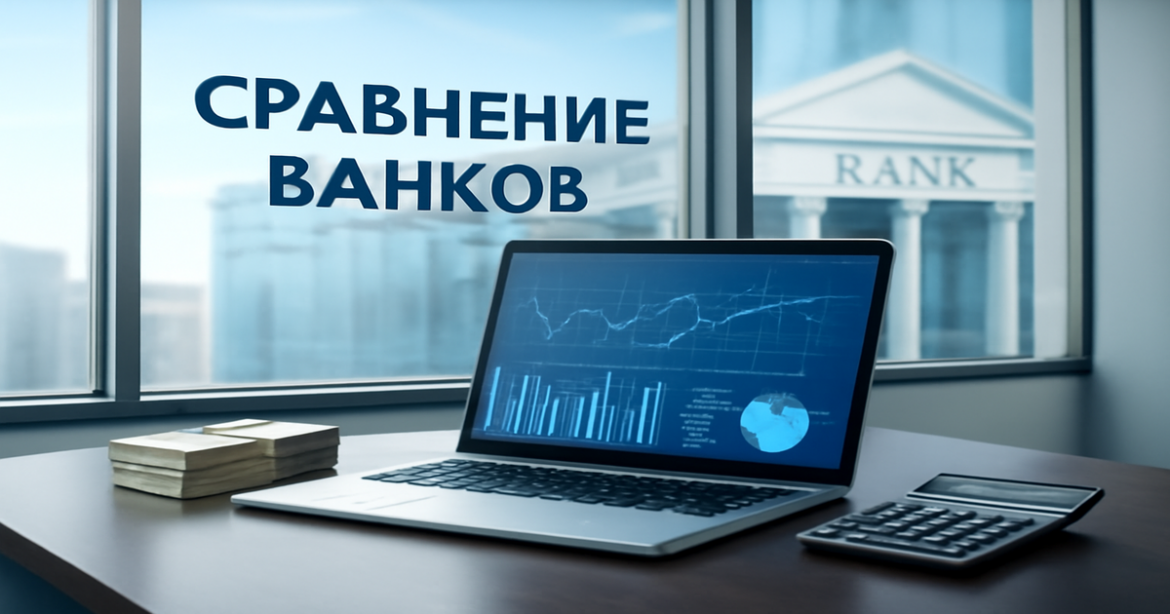 Professional image illustrating 'сравнение банков' with a modern office and financial elements.