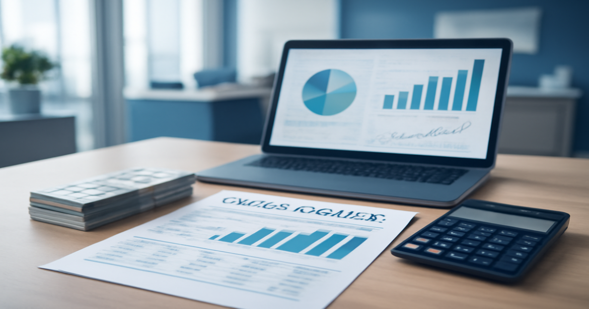 A professional banking scene illustrating deposit rates and financial documents.