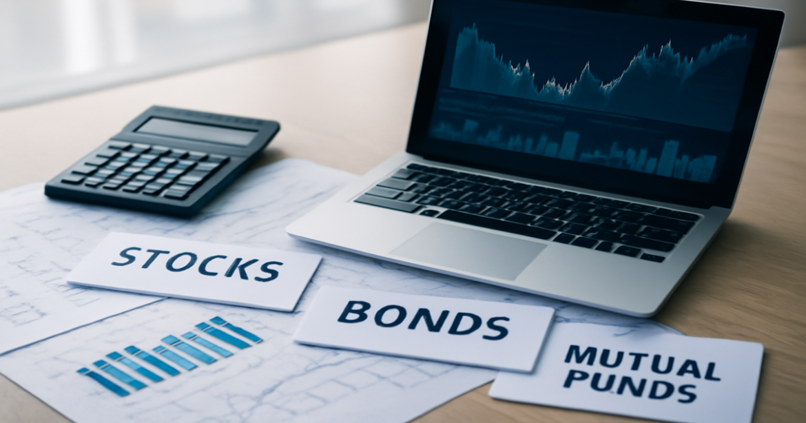 Explore investment products with a professional image of finance tools and documents.