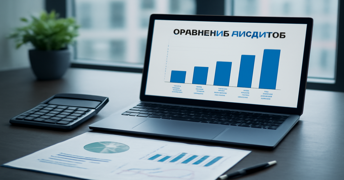 An image depicting a comparison of кредитов with financial documents and a modern office setting.