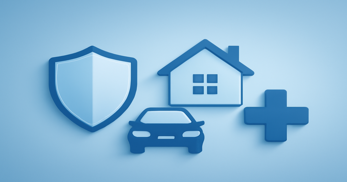 Illustration of страхование symbols for financial protection, highlighting various types of insurance.