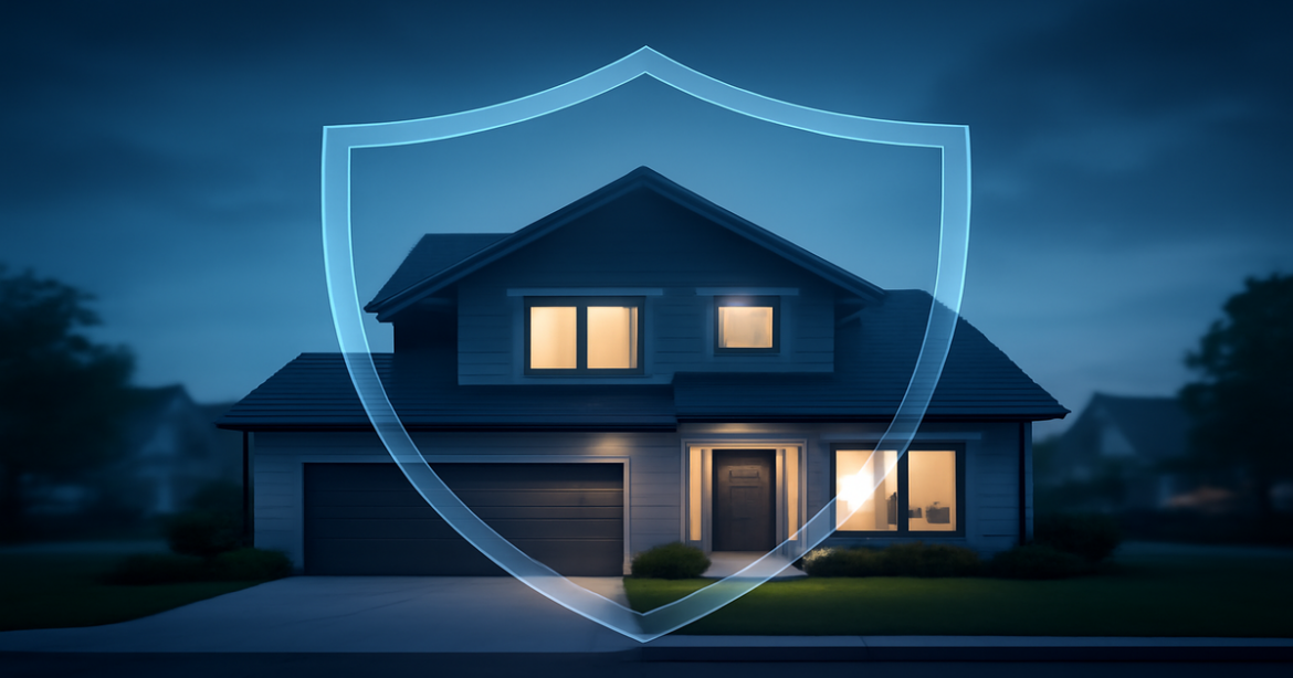 A modern home protected by a shield, symbolizing страхование жилья for financial security.