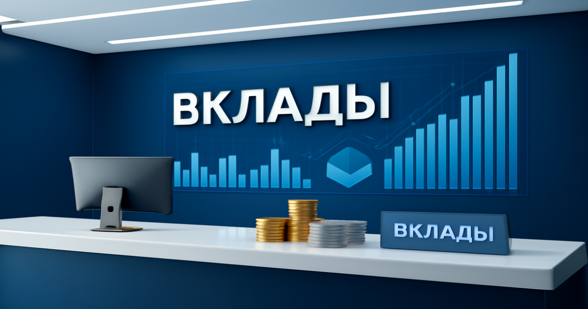 A professional bank interior image illustrating вклады with coins and financial charts.