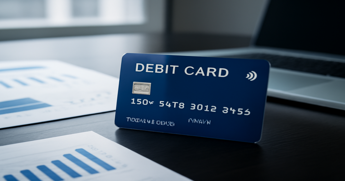 High-quality image of a дебетовая карта on a desk, symbolizing modern banking and finance.