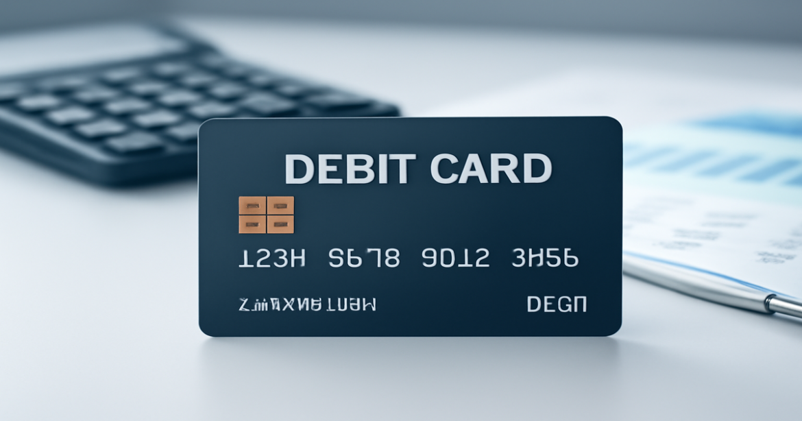 Professional image of a debit card on a desk, highlighting banking and financial themes.