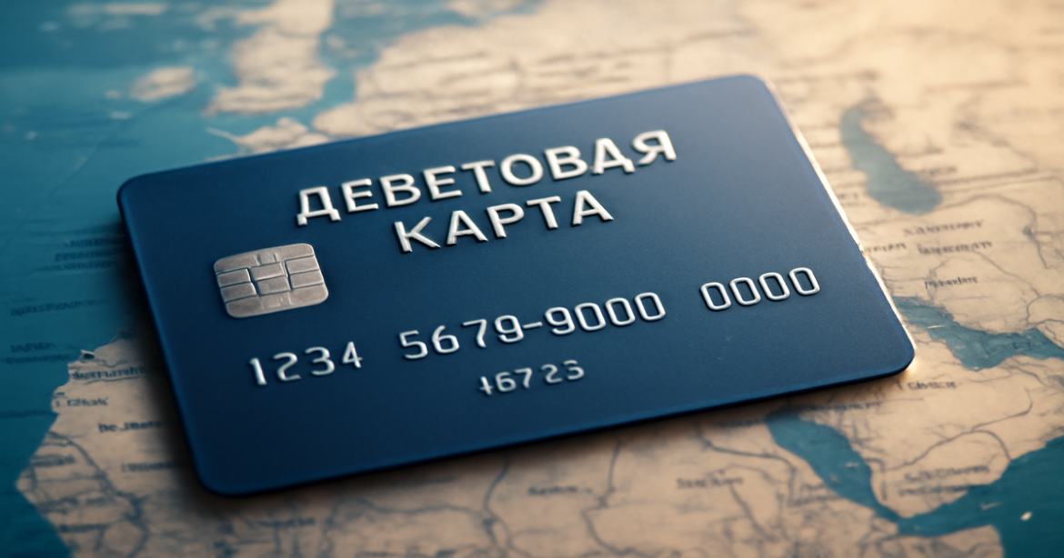 Professional image of a дебетовая карта on a world map, symbolizing travel finance.