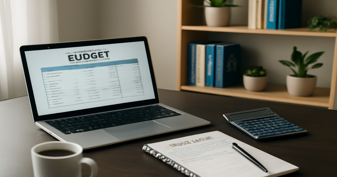 A professional home office setup highlighting финансовая грамотность and budgeting tools for families.