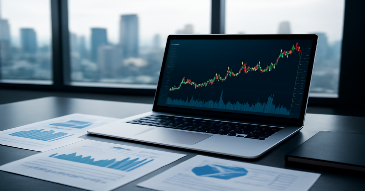 Professional image representing инвестиции в акции with stock market visuals in a modern office setting.