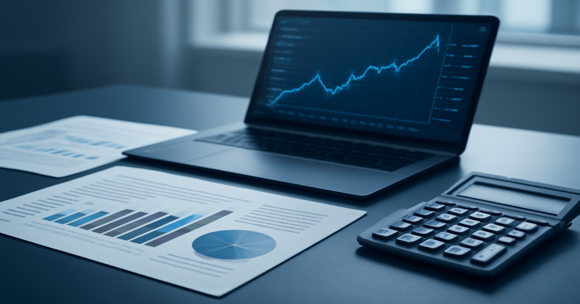A professional image showcasing investments with financial documents and a laptop in a modern office setting.