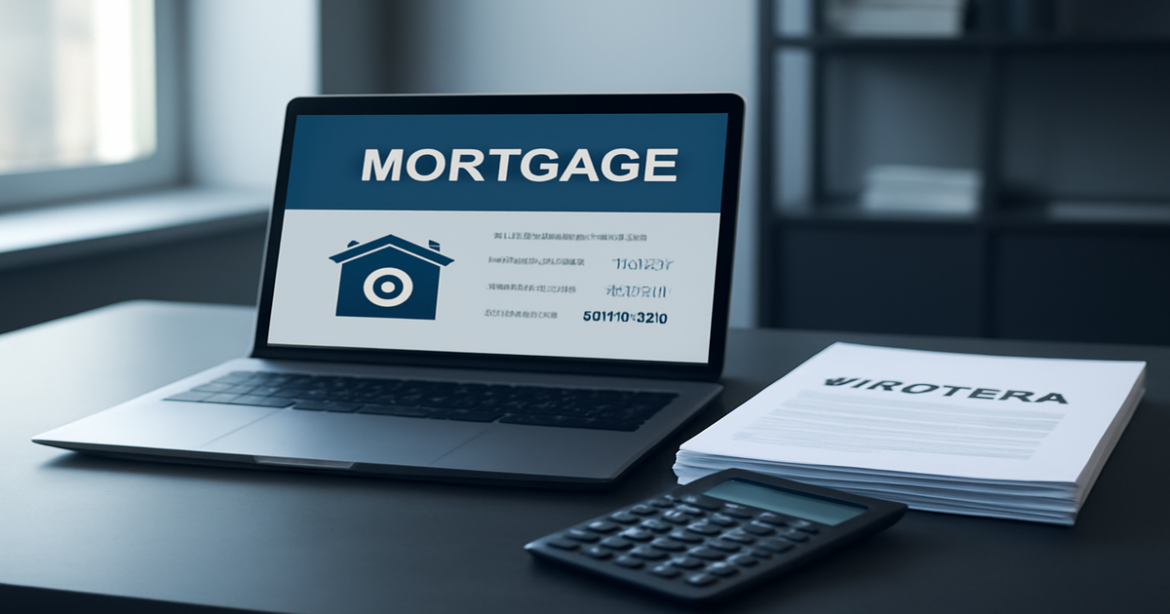 Professional image illustrating ипотека with mortgage documents and a calculator in a modern office setting.