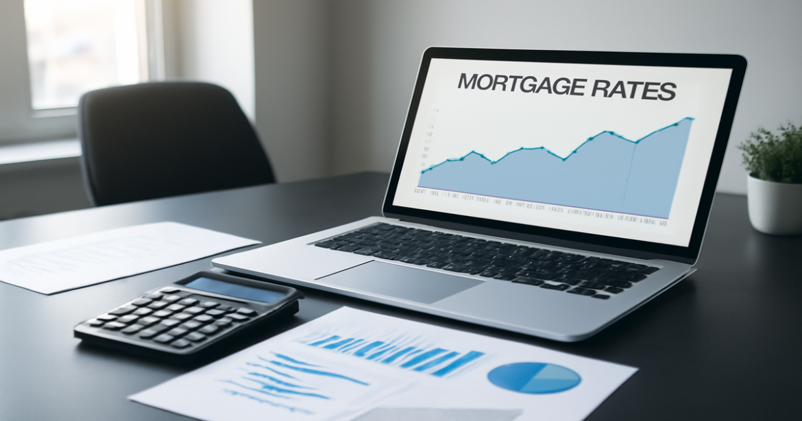 A professional image illustrating mortgage concepts with financial tools and documents, emphasizing ипотека.