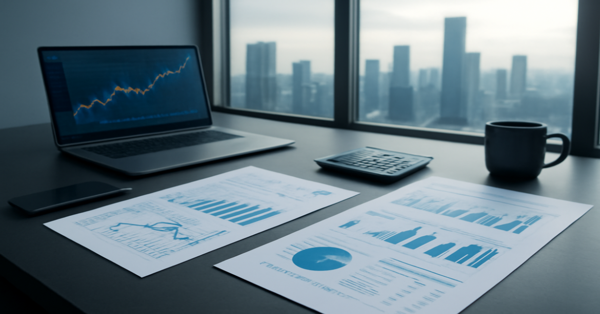 A professional image illustrating инвестиции with charts and financial reports in a modern workspace.