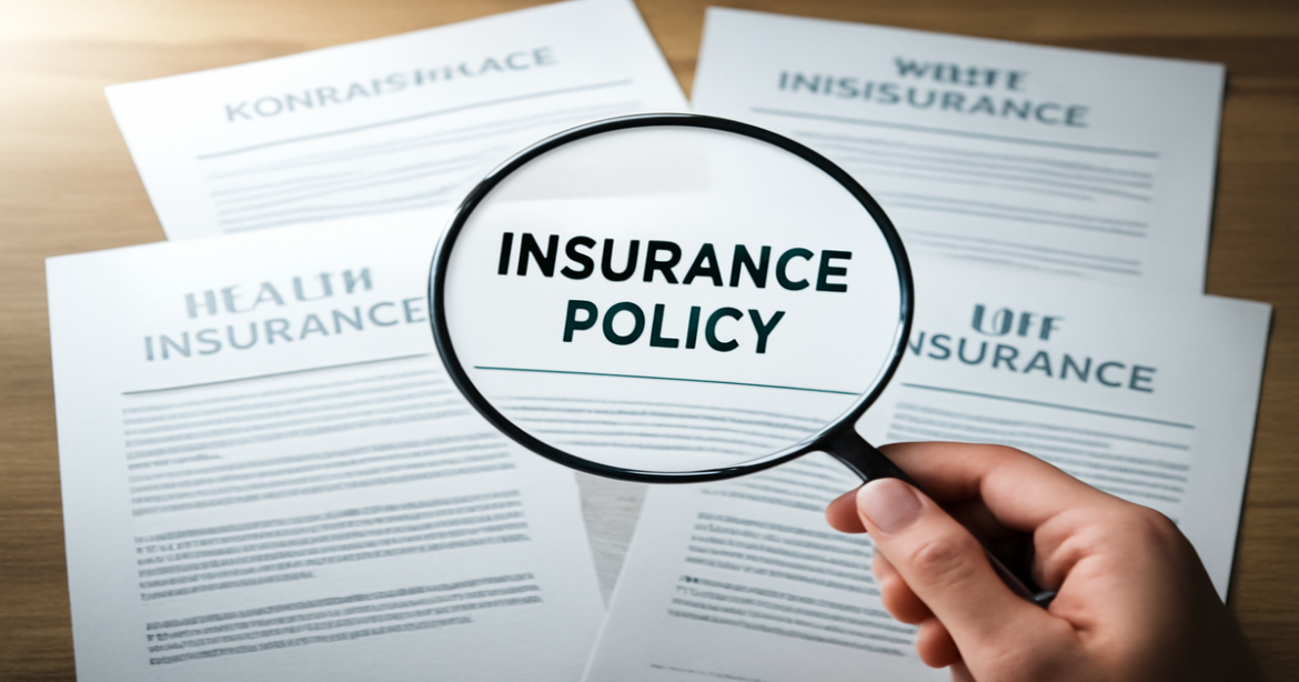 Professional image illustrating выбор страховки with insurance documents and a magnifying glass.