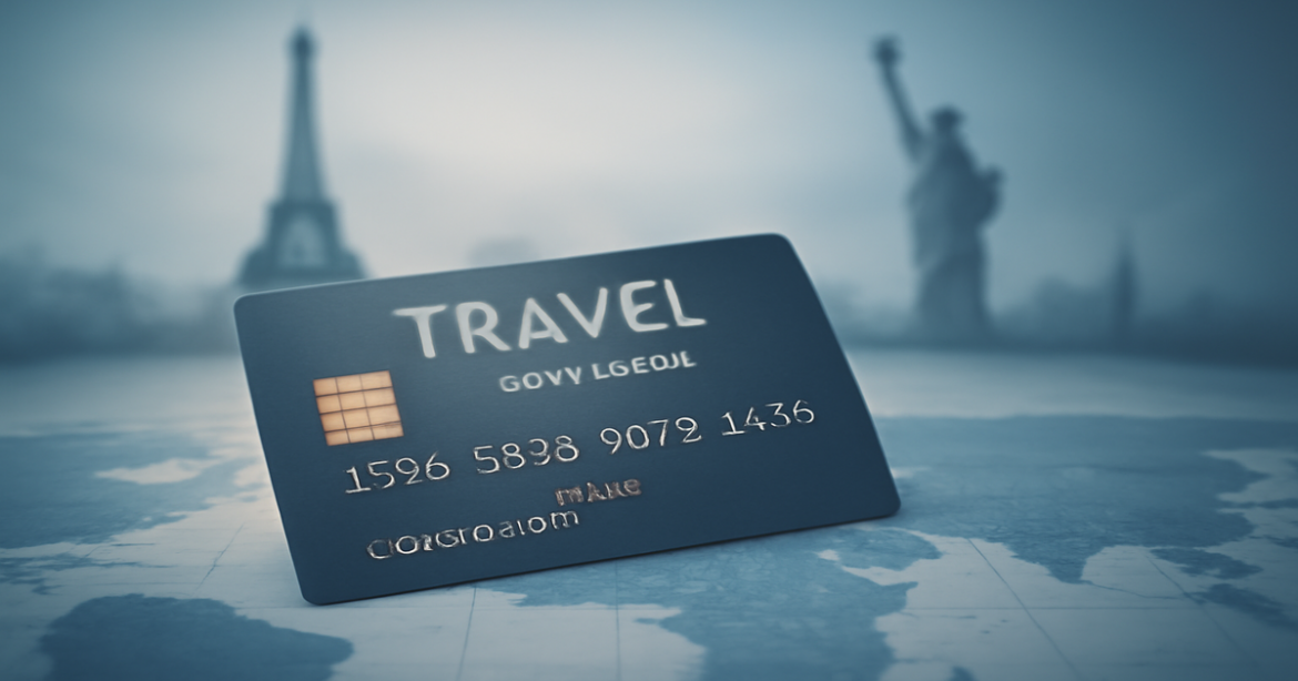 A travel credit card on a world map, symbolizing карта для путешествий and financial planning for trips.