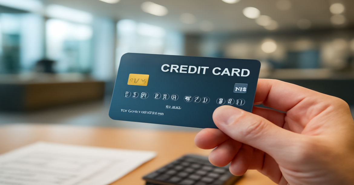 A close-up of a hand holding a кредитная карта in a modern banking environment.