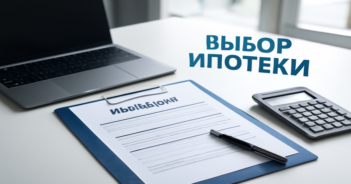 A professional office scene illustrating выбор ипотеки with financial documents and a calculator.