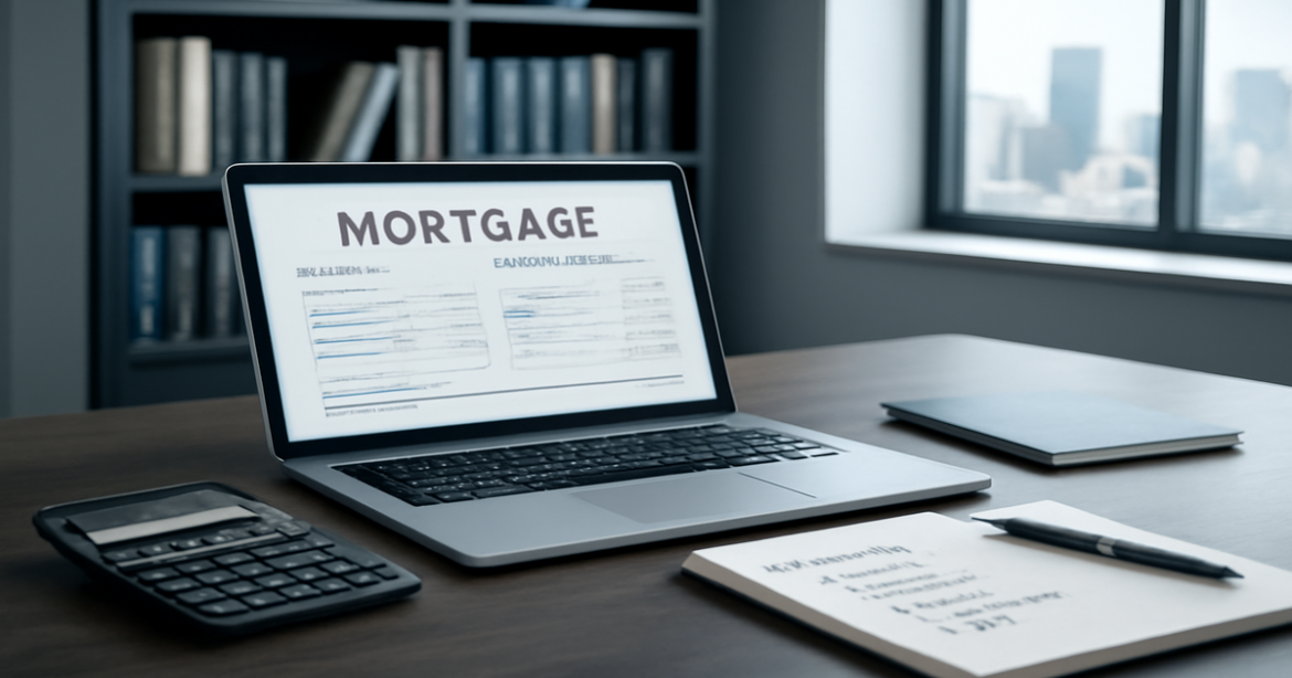 Professional image illustrating mortgage selection process in a finance office setting.