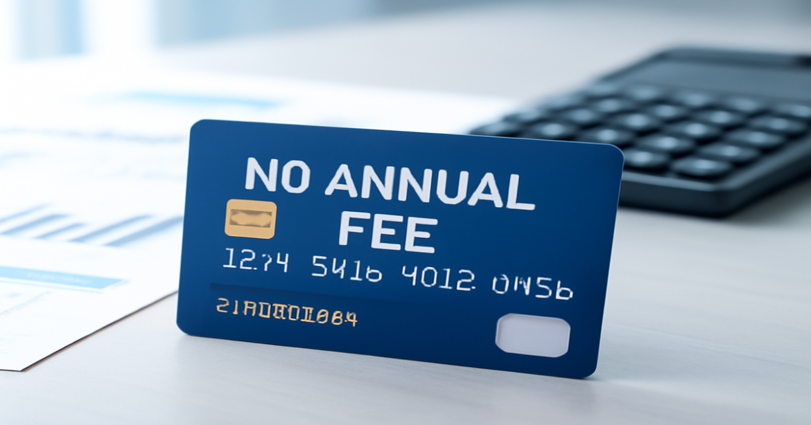 A credit card без annual fee on a desk, symbolizing savings in banking and finance.