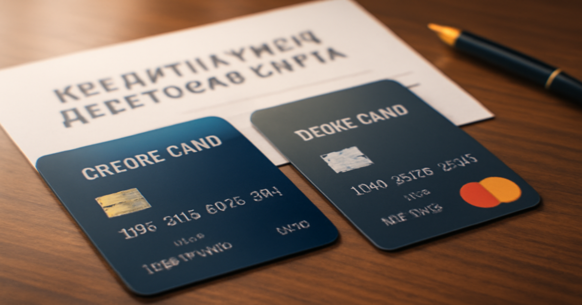 A professional image of a кредитная или дебетовая карта and debit card on a table, showcasing financial choices.