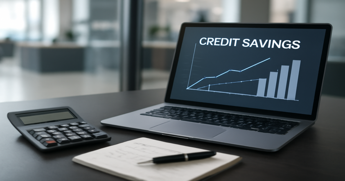Professional image illustrating экономия на кредите with finance tools and a banking backdrop.