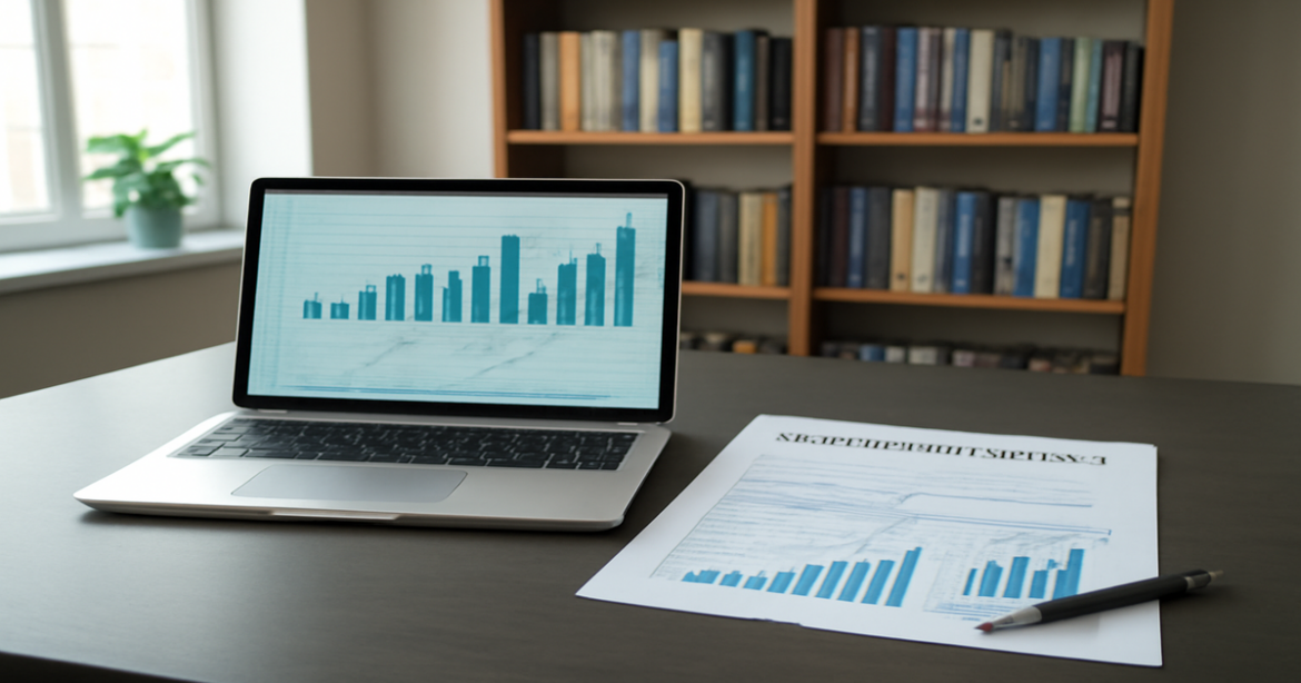 A professional office scene illustrating the concept of ипотечный кредит with financial documents and charts.