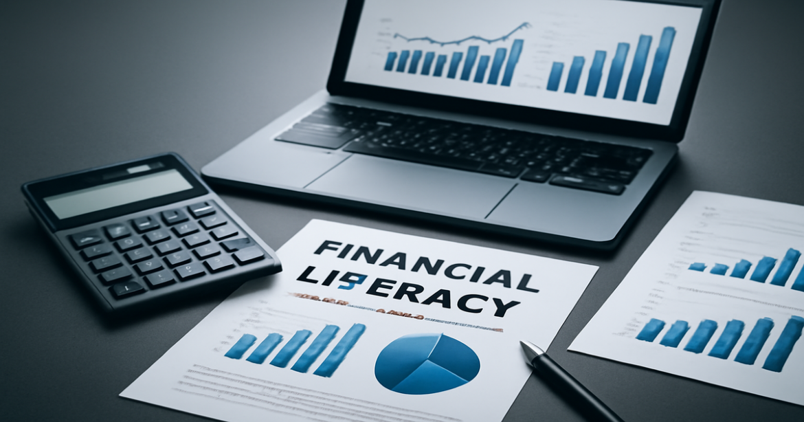A professional workspace showcasing financial literacy tools like documents, a calculator, and charts.