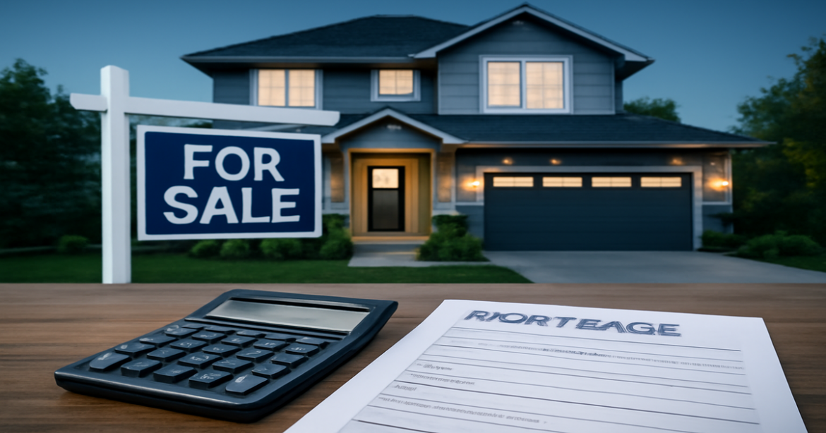 A professional image illustrating ипотека with a home, calculator, and mortgage documents.