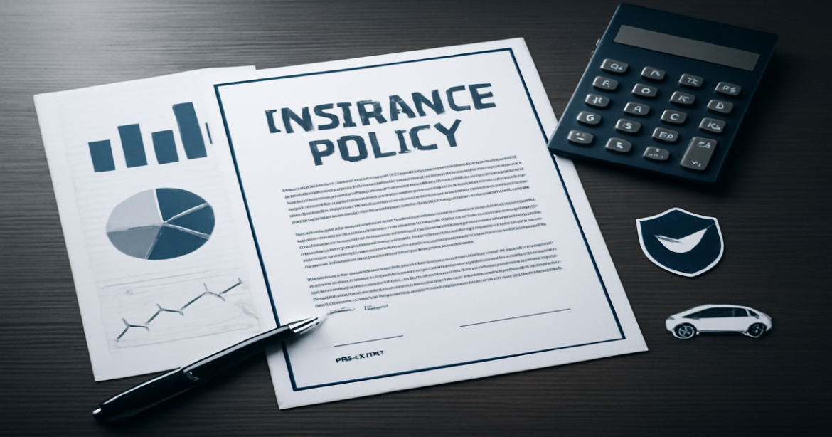 A professional image illustrating the concept of страхование with financial tools and documents.