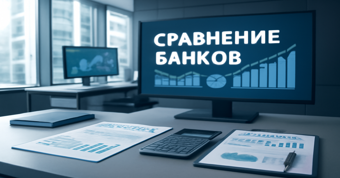 Professional image illustrating сравнение банков with financial tools in a modern office setting.