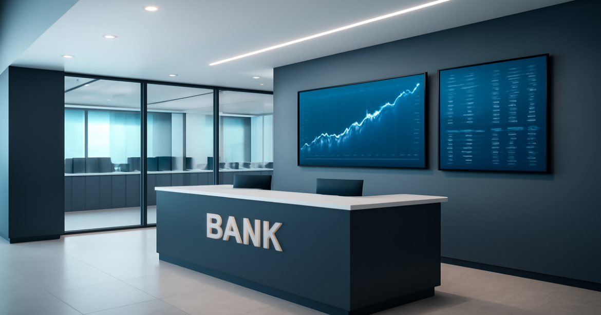 A modern bank interior illustrating сравнение банков in a professional and trustworthy environment.