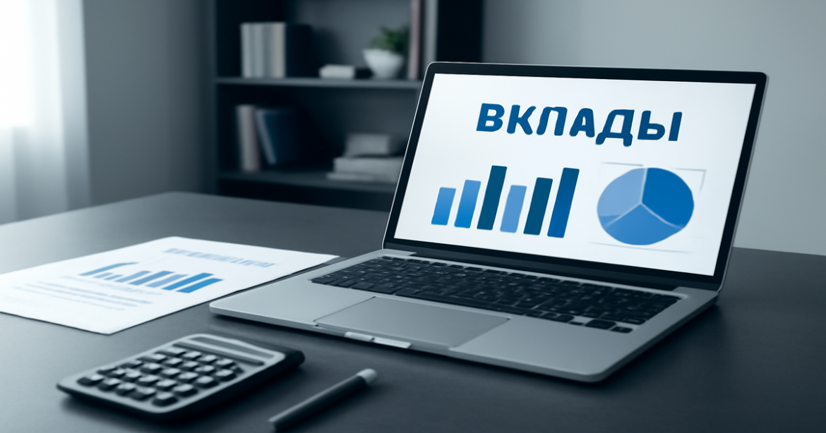 A professional banking scene illustrating options for вклады, featuring financial documents and a laptop.