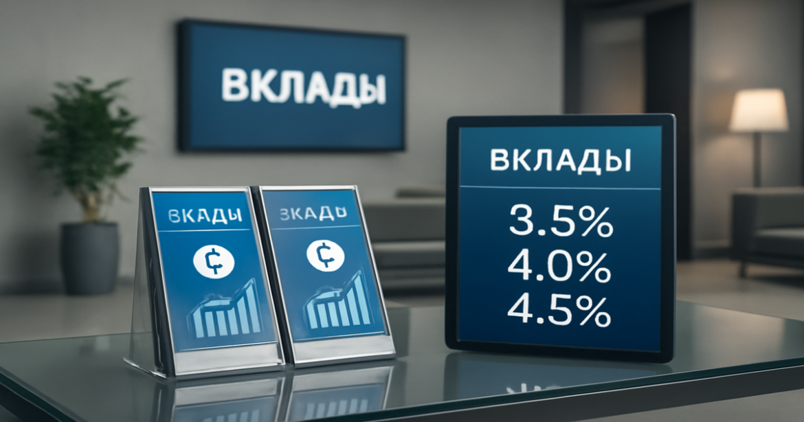 Image illustrating a modern bank setting focused on вклады and savings options.