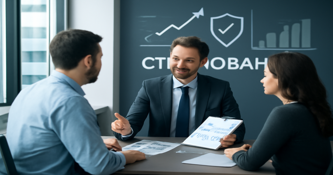 Professional office scene depicting страхование options in finance, showcasing trust and security.