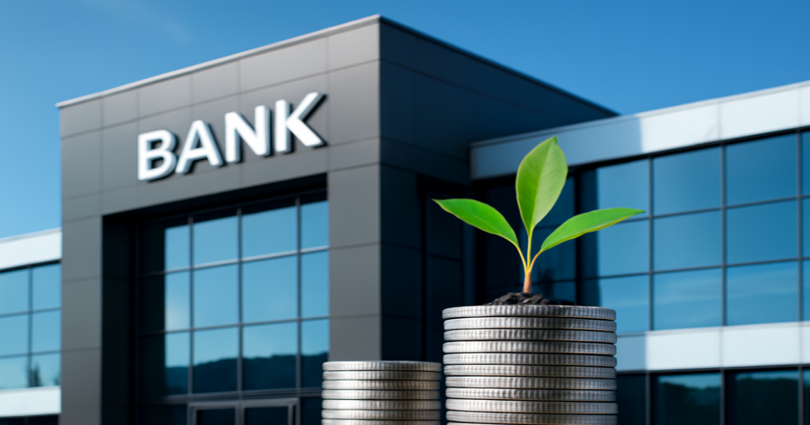 A modern bank building with coins and a plant symbolizing вклады в банках and financial growth.