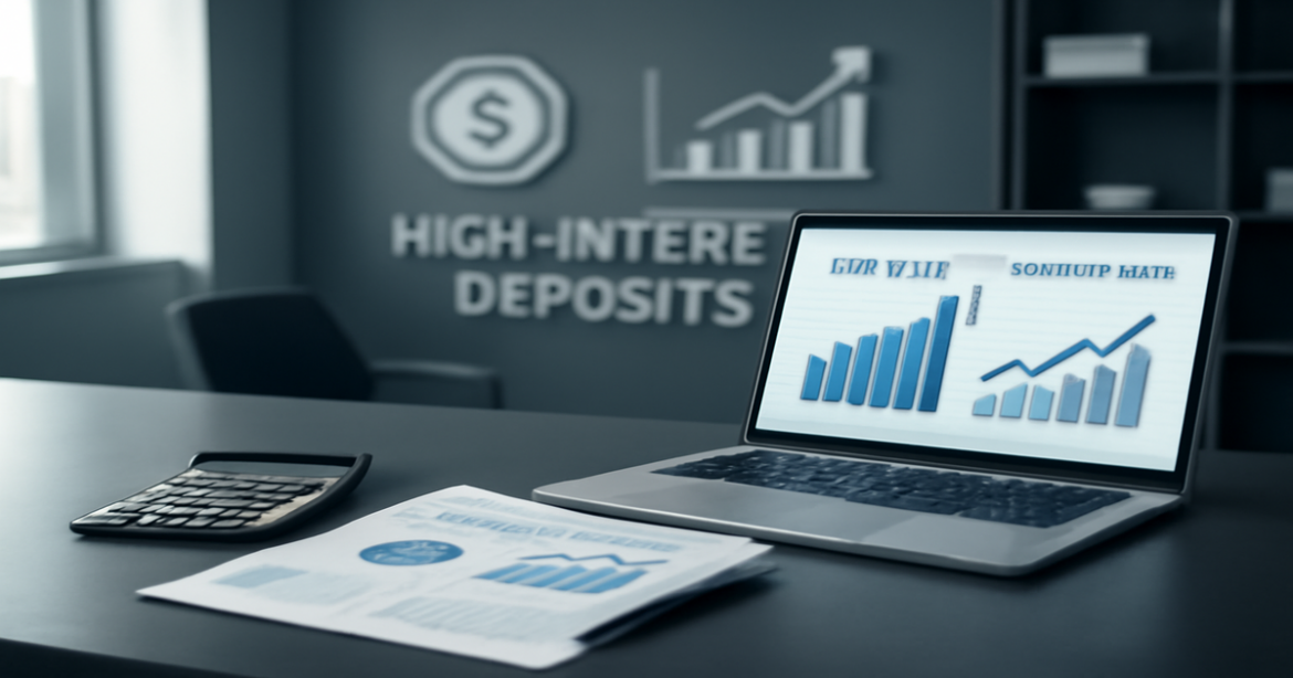 Professional image of a banking office, highlighting high-interest вклады and financial analysis.