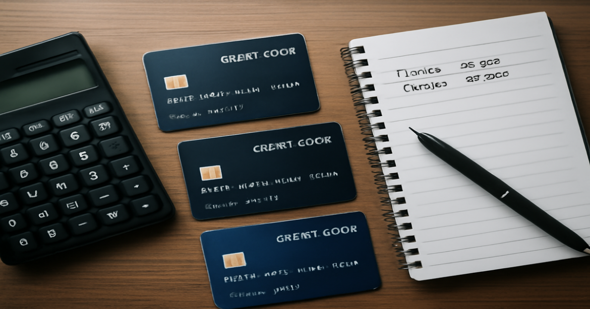 A flat lay of credit cards and financial tools on a desk, representing the topic of кредитные карты.