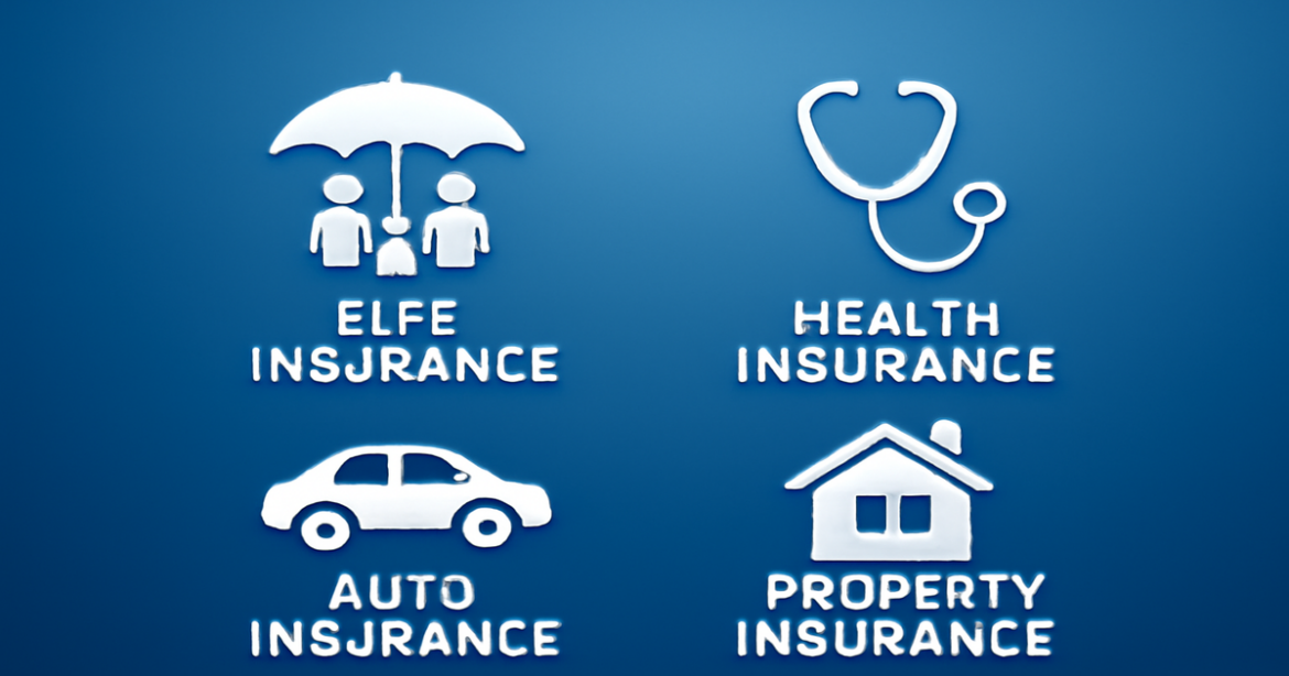 Explore страхование with symbols of life, health, auto, and property insurance in a professional setting.